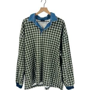 Vintage Structure Plaid Pullover Rugby Shirt Grunge Plaid Denim Collar Size L
